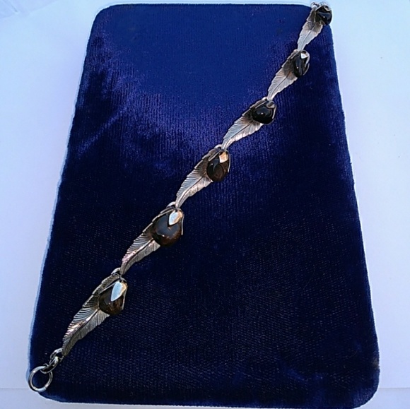▶️SALE VINTAGE Silver Leaf SmokeyQuartz Bracelet - Picture 2 of 8